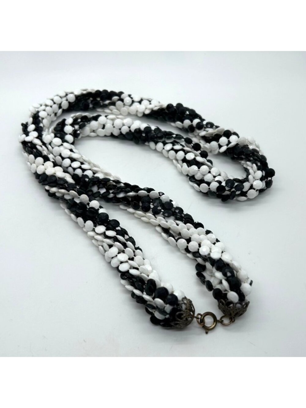 Vintage MultStrand Necklace Black White 1970s Acrylic Bead Torsade Statement 30"
